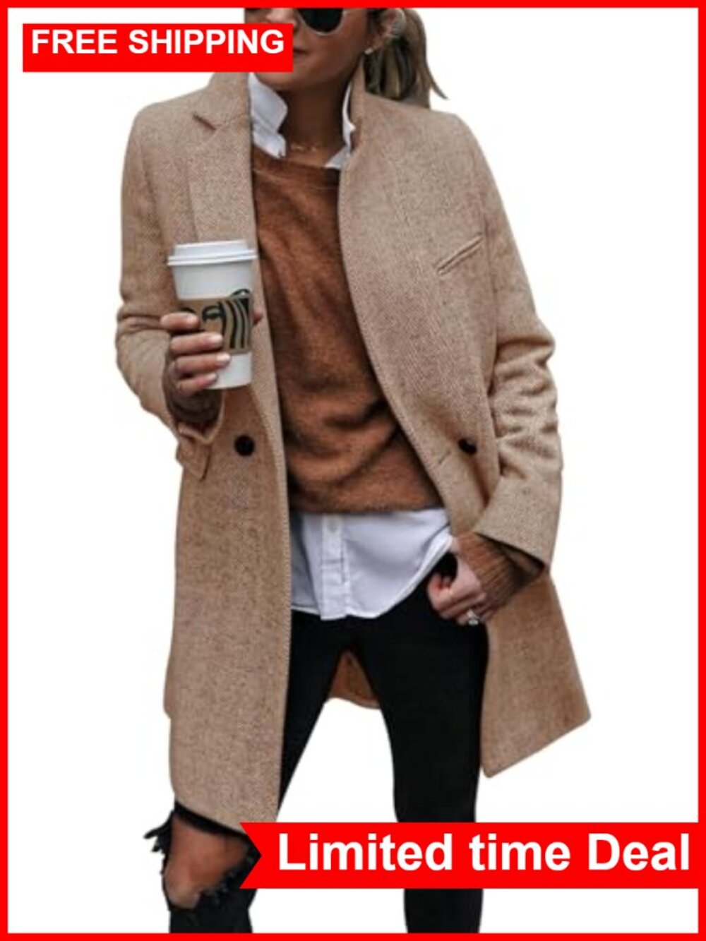 Women's Double Breasted Notch Lapel Trench Coat Long Blazer Jacket